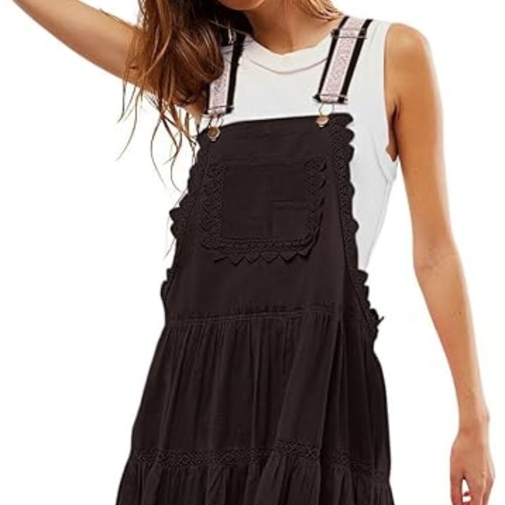 Womens Bib Overall Dress Jumper Babydoll Pinafore Dress Embroidered Lace